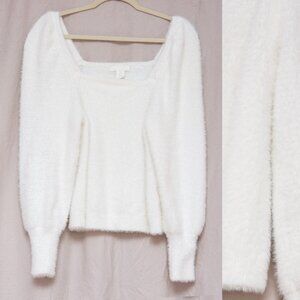 H&M White So Soft Fuzzy Square Neck Long Puffy Sleeves Pullover Sweater M